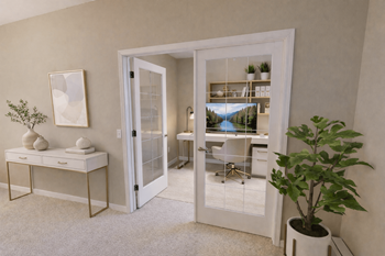 Home office space with modern white desk and chair